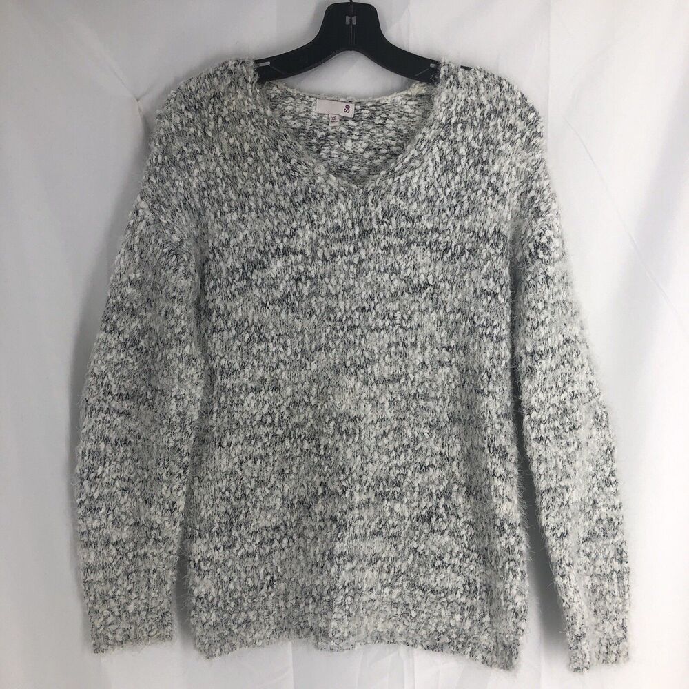 SO Sweater Womens XS Gray Eyelash Fuzzy V-Neck Pullover Long Sleeves Cozy